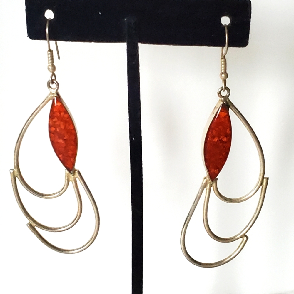Vintage Amber and Onyx Earrings Sterling Silver